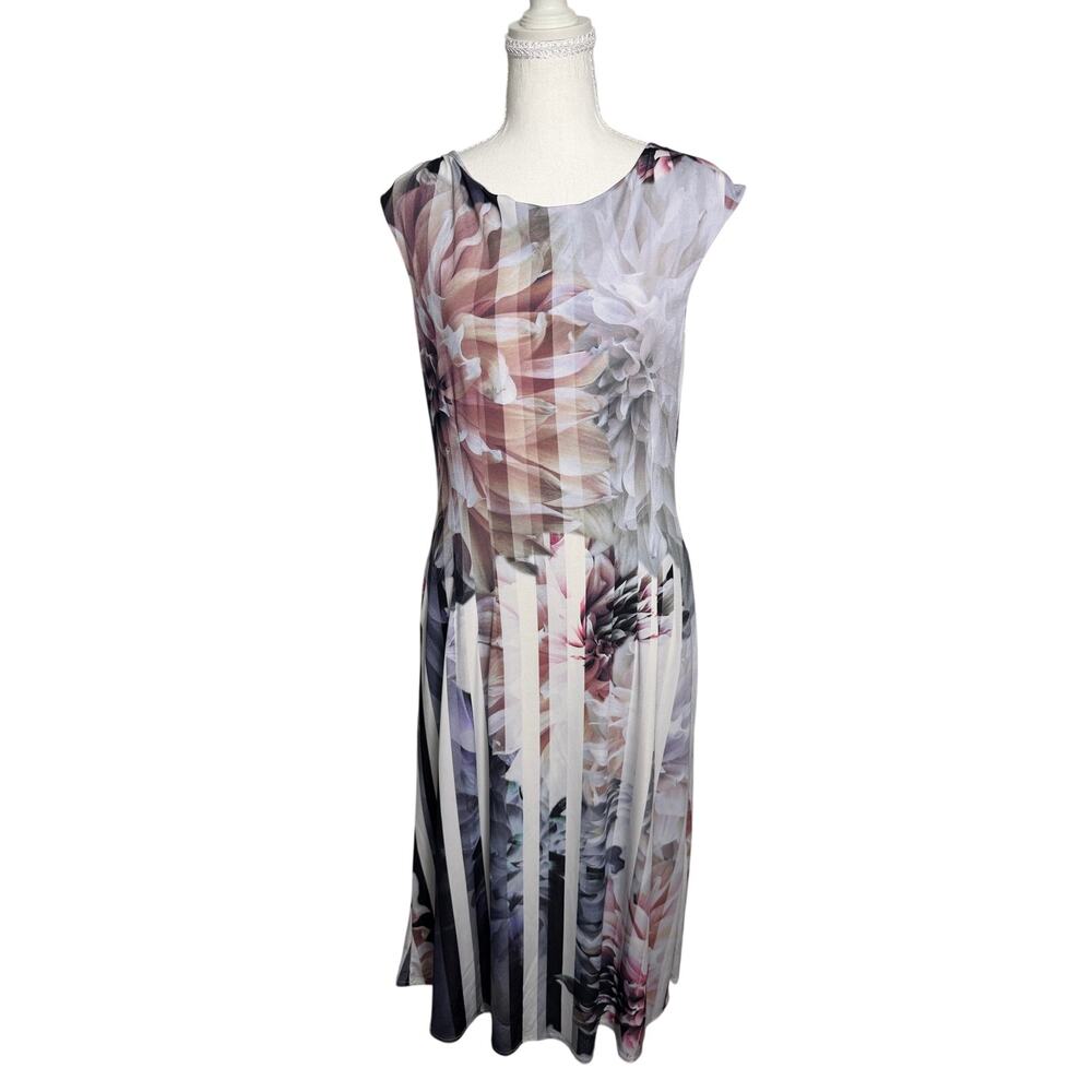 Melissa Masse Floral Stripe Midi Dress M/L Cap Sleeve Deep V Back